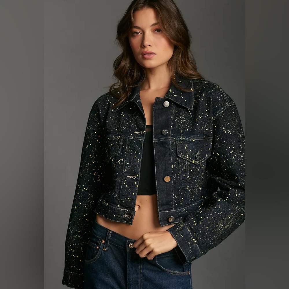 Closed Paint Splatter Cropped Denim Trucker Jacket
